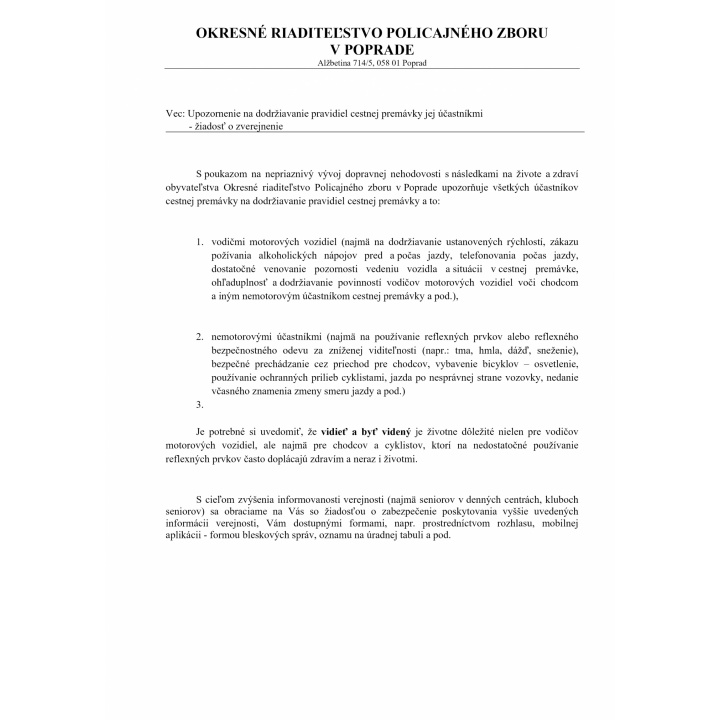 Upozornenie OR PZ v Poprade